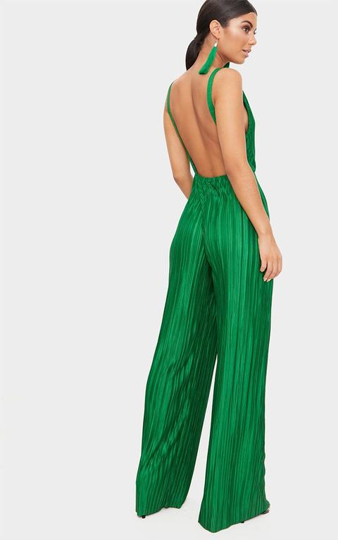 Green plisse plunge store strappy jumpsuit