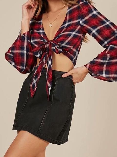 Red-black Plaid Sashes Lace-up V-neck Midriff Long Bell Sleeve Fashion Blouse