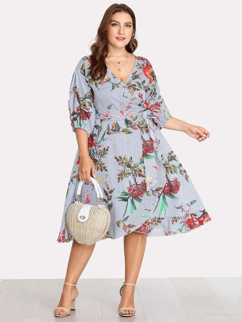 Plus Surplice Wrap Floral & Striped Dress