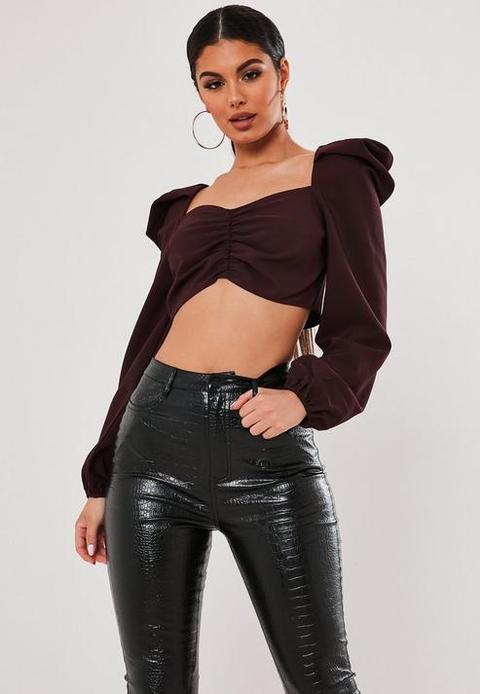 Stassie X Missguided Plum Sweetheart Neck Milkmaid Crop Top, Purple