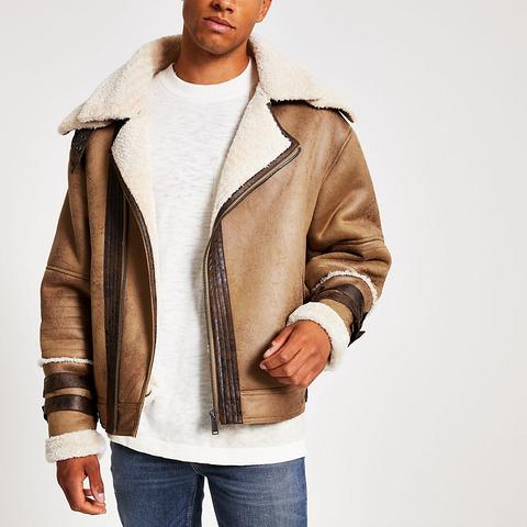 Light Brown Borg Collar Biker Jacket