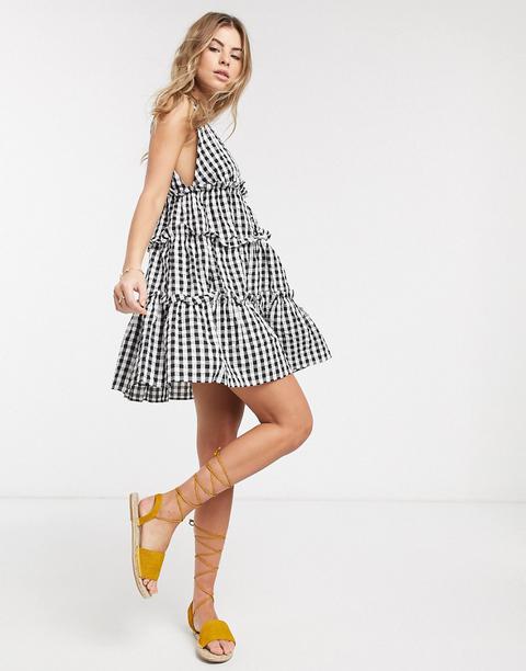 Asos Design Button Front Tiered Mini Sundress In Gingham Seersucker-multi