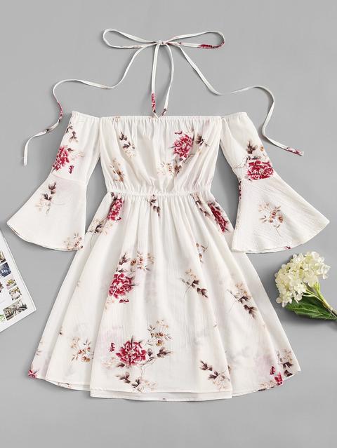 Fluted Sleeve Floral Print Halter Dress