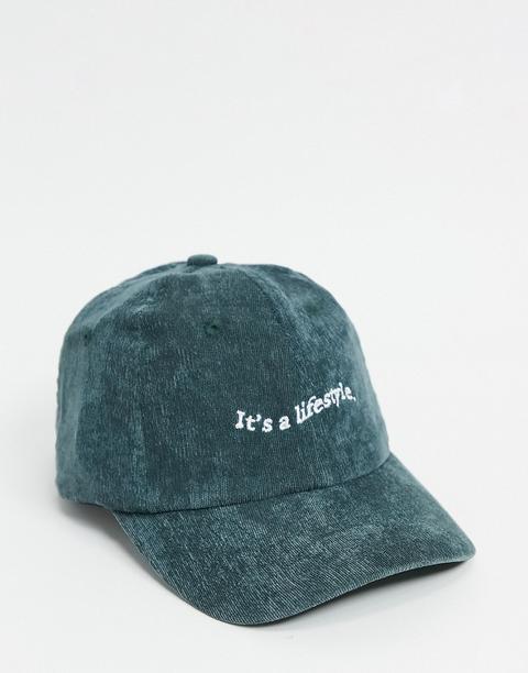 Asos Design Baseball Cap In Cord With Slogan In Grey