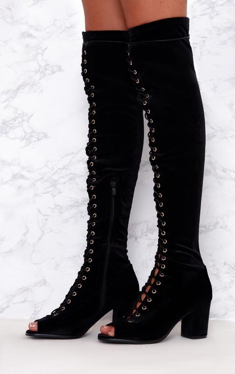 Black Velvet Lace Up Thigh High Boots