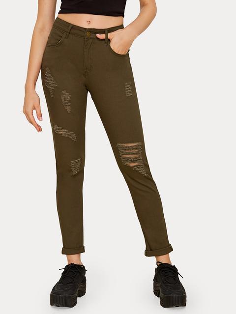 Jeans Mom Monocolore Con Orlo Arrotolato Strappato