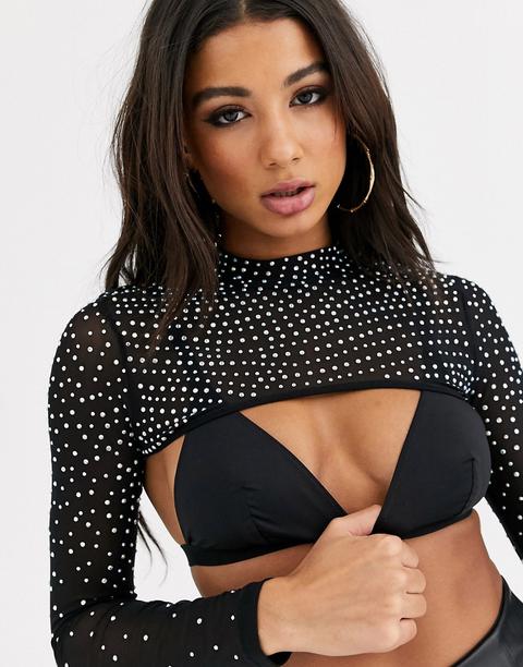 Asos Design High Neck Embellished Super Crop Mesh Top In Black