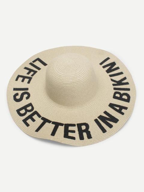 Sombrero De Paja De Ala Ancha Con Estampado De Letras