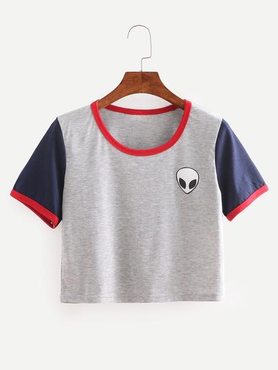 Camiseta Alien Estampado Crop Color Combinado