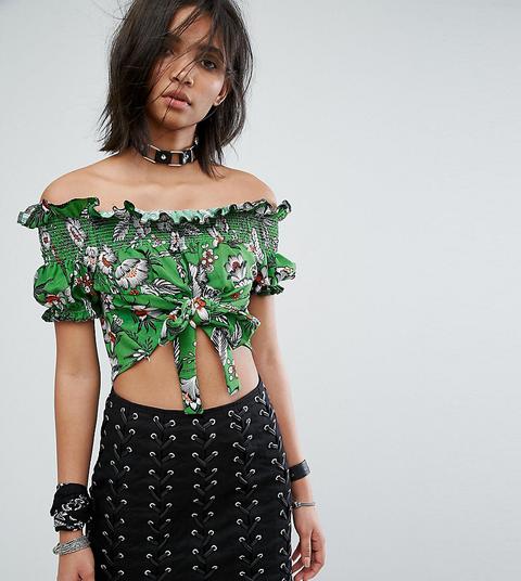 Milk It - Top Vintage A Fiori Con Spalle Scoperte E Arricciatura - Verde