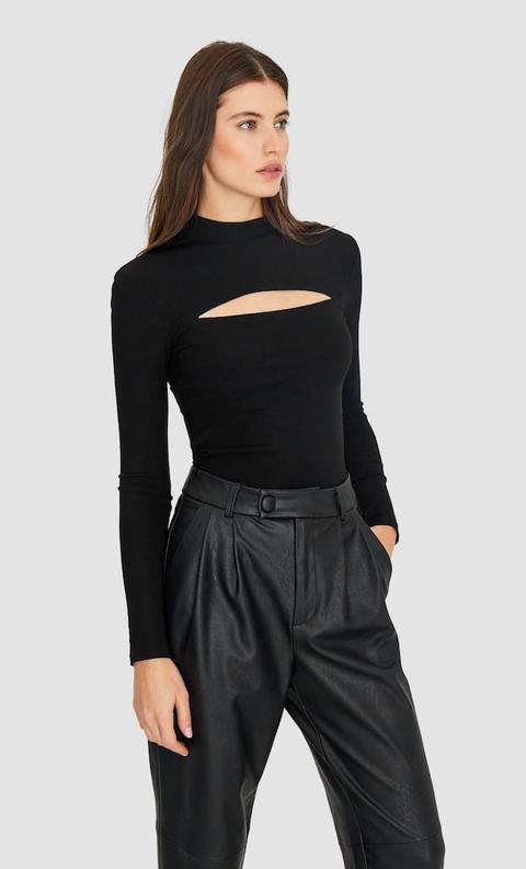 Stradivarius Top Manches Longues Avec Découpe Avant Femme Noir S