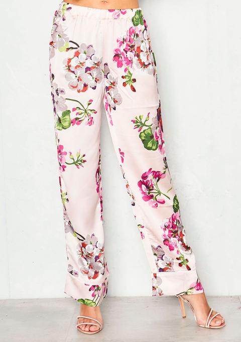 Iris Pink Satin Floral Wide Leg Trousers