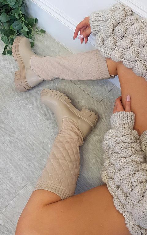 Tilly Quilted Knee High Boots In Beige