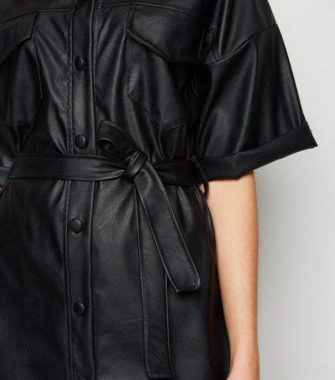 Black Leather Look Shirt Dress Sale, 56 
