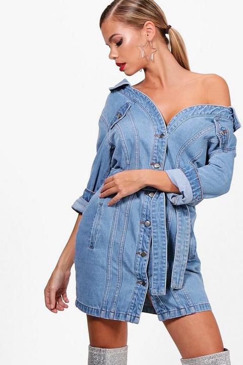 Off The Shoulder Denim Shirt Dress