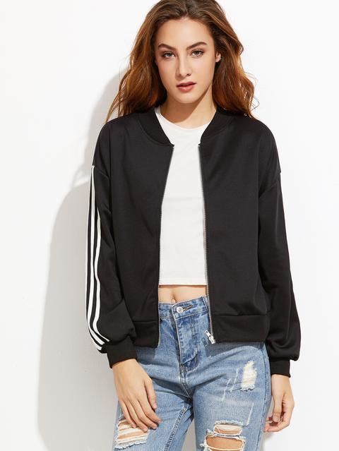 Black Drop Shoulder Striped Trim Bomber Jacket