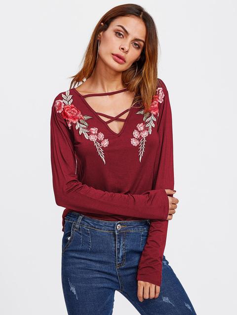 Rose Embroidered Patch Strappy Neck Tee