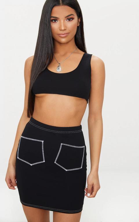 Black Contrast Stitch Pocket Front Mini Skirt, Black