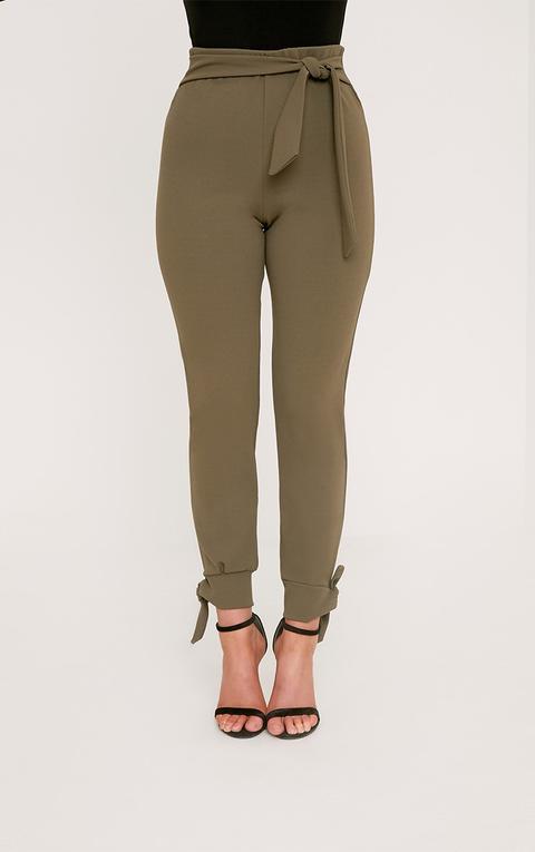 Detta Khaki Tie Detail Fitted Trousers, Green