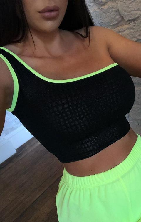 Black & Neon Green Crocodile Print One Shoulder Crop Top - Odina