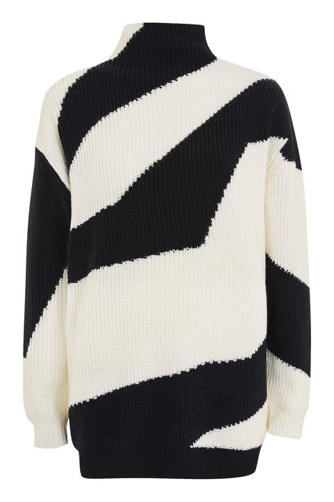 Womens Funnel Neck Patterned Jumper - Navy Blue, Navy Blue