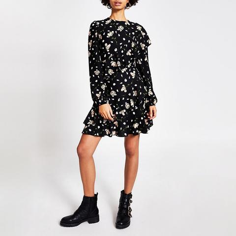 Black Floral Printed Ruffle Mini Dress