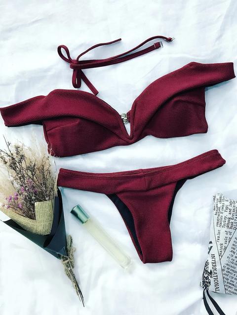 Costume Da Bagno Bikini A Spalle Scoperte Con Scollo A V Orangepink Light Blue Purplish Blue Burgundy Red Green