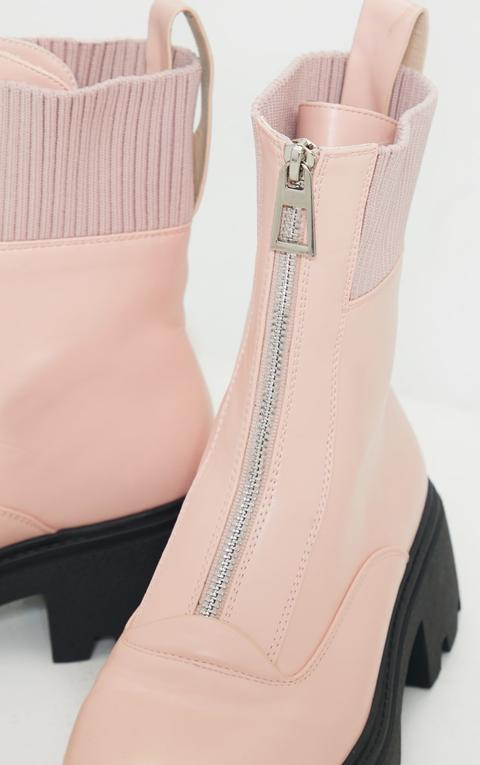 Pink Zip Front Faux Leather Knit Collar Biker Boots