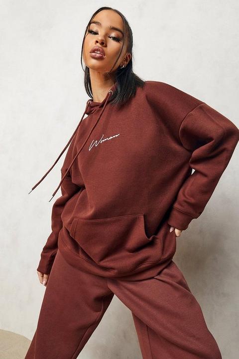 Womens Woman Oversized Embroidered Hoodie - Brown - L, Brown