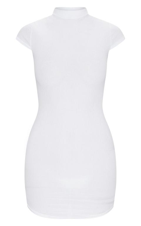 white high neck ribbed bodycon dress