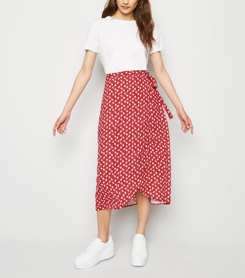 Red Floral Wrap Midi Skirt New Look