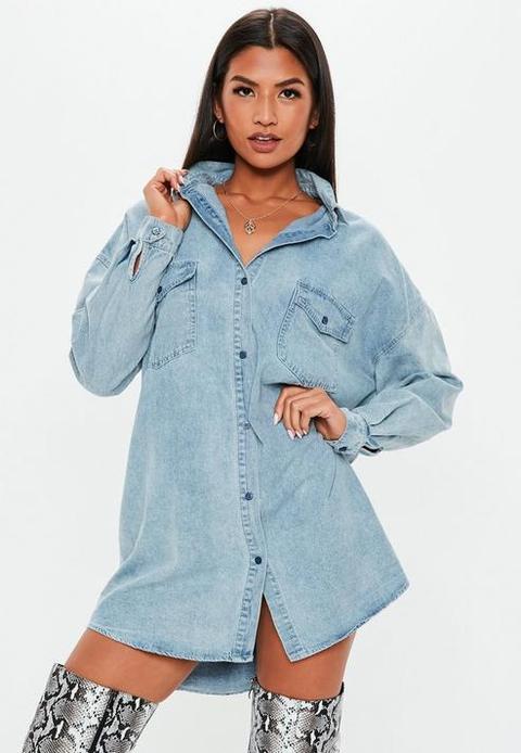 Blue Pocket Detail Denim Shirt Dress, Light Blue