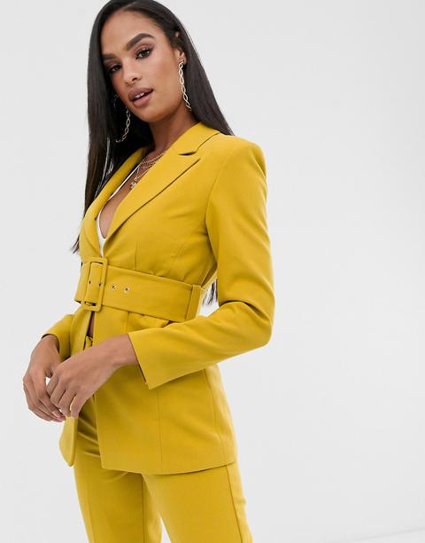 Club L London Longline Blazer With Belt Detail In Yellow