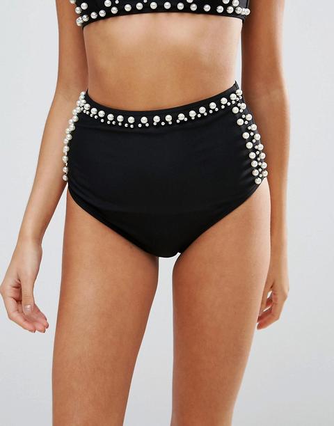 Asos - Slip Bikini A Vita Alta Con Perle Sintetiche - Nero