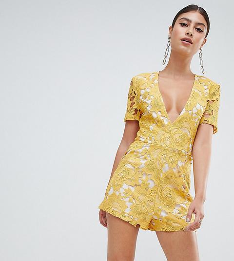 Mono Corto Escotado De Encaje Exclusivo De Missguided-amarillo