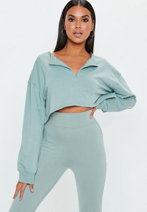 Grey Zip Front Crop Sweatshirt, Grey