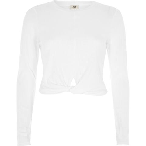 White Twist Front Long Sleeve Crop Top