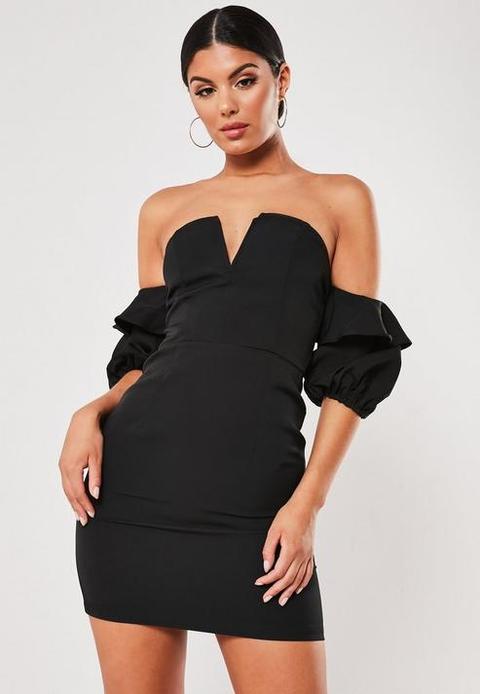 Black Ruffle Sleeve Bardot Bodycon Mini Dress, Black