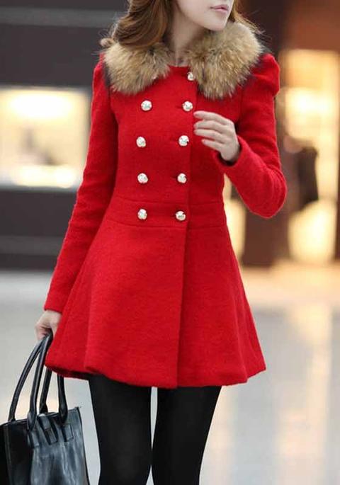 Cappotto Pianura Finto Peplum Collo Di Pelliccia Costeggiava Lana Doppia Petto Rosso