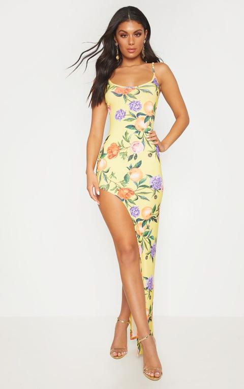 Yellow Strappy Fruit Print Asymmetric Dress