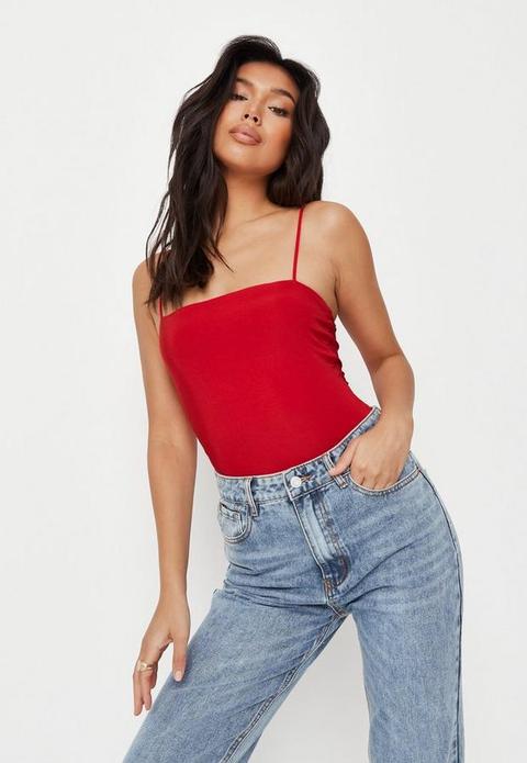 Red Seamless Straight Neck Bodysuit, Red