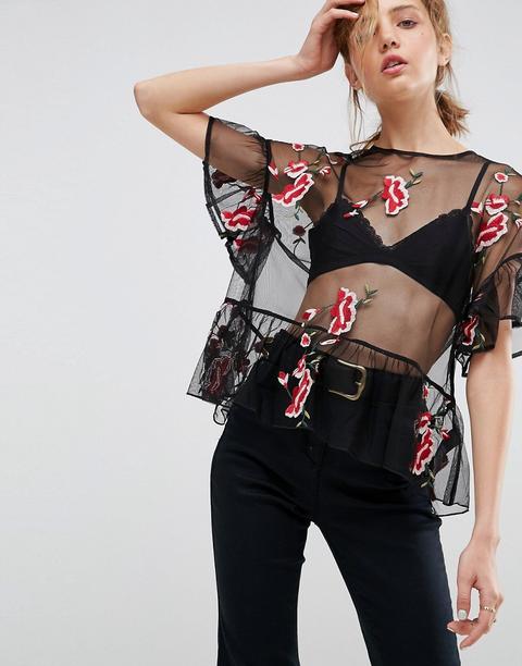 Asos - Top Ricamato Con Fondo A Volant - Nero