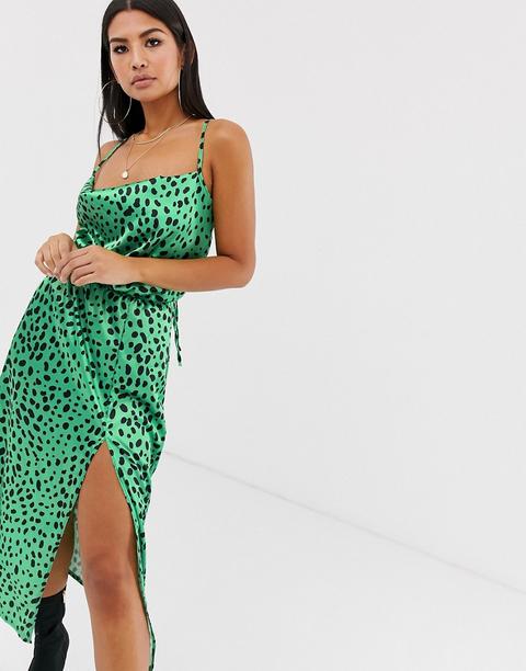 Prettylittlething - Vestito Midi In Raso Verde Leopardato Con Scollo Ad Anello - Verde