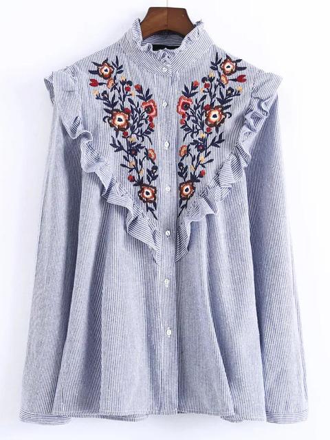 Camicia A Righe Con Fiori Ricamati E Dettagli Volant