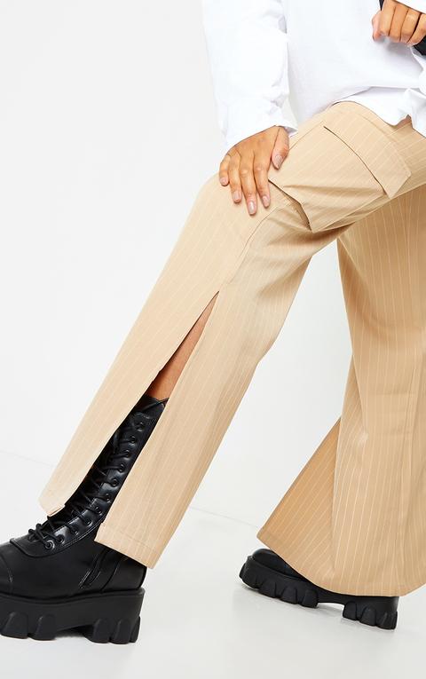 Stone Pinstripe Wide Leg Pocket Detail Trousers