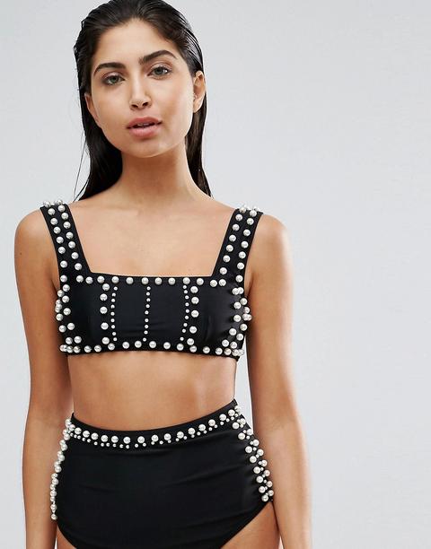 Asos - Top Bikini A Corpetto Con Perle Sintetiche - Nero