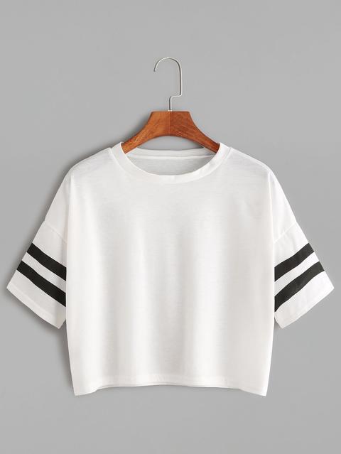 White Dropped Shoulder Seam Varsity Striped Crop T-shirt