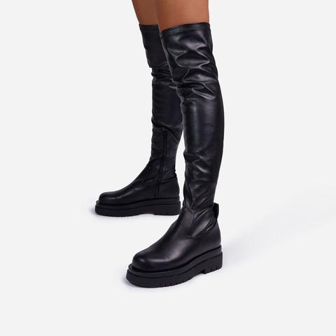 Reaching Over The Knee Thigh High Long Biker Boot In Black Faux Leather, Black