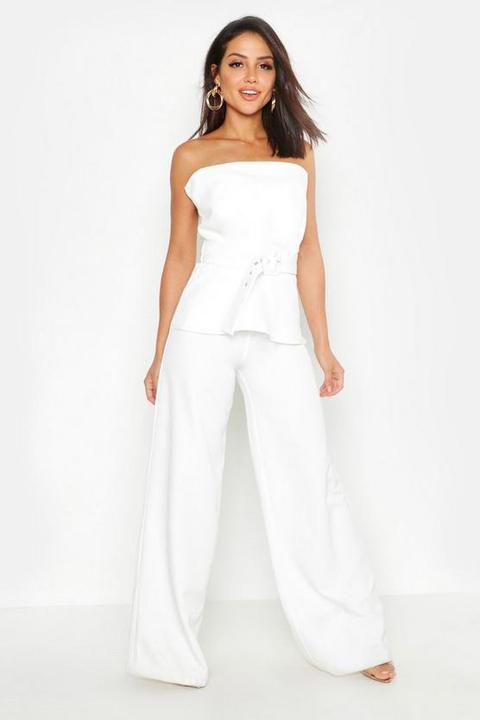 Womens Woven Belted Top + Wide Leg Trouser Co-ord - White - 8, White