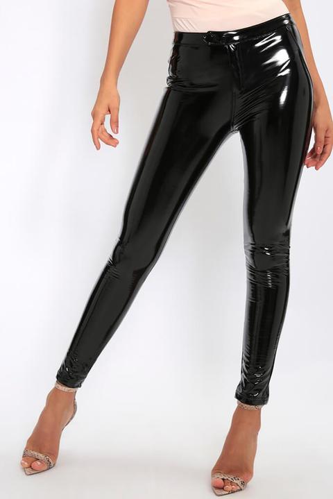 Black Button And Zip Vinyl Trousers